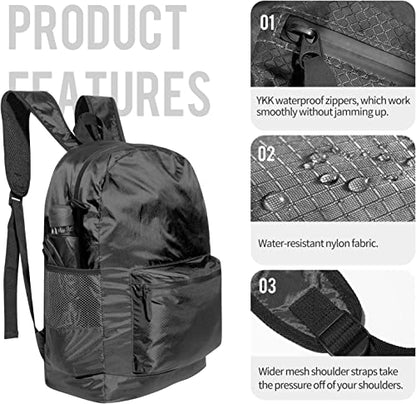 pack all 20L Lightweight Packable Backpack, Water Resistant Foldable Backpack, Travel Hiking Daypack with Waterproof Zippers (Black) - color: Black