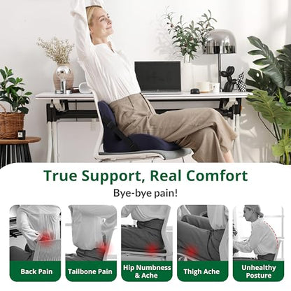 Ergonomic Seat Cushion for Sciatica Relief & Long Driving - Memory Foam Back Support with Adjustable Strap, Non-Slip Base & Removable Mesh Cover - Office, Car (Navy Blue) - color: Navy