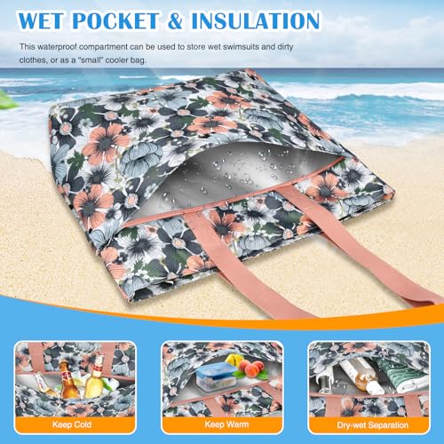 HUANLANG Large Beach Bags for Women Pool Bag with Zipper, Waterproof Sandproof Beach Tote Travel Bag with Wet Pocket - color: Gray-pink Flower