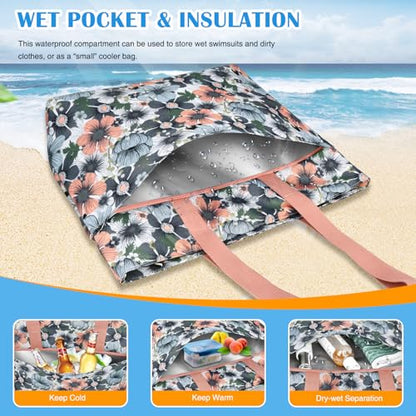 HUANLANG Large Beach Bags for Women Pool Bag with Zipper, Waterproof Sandproof Beach Tote Travel Bag with Wet Pocket - color: Gray-pink Flower