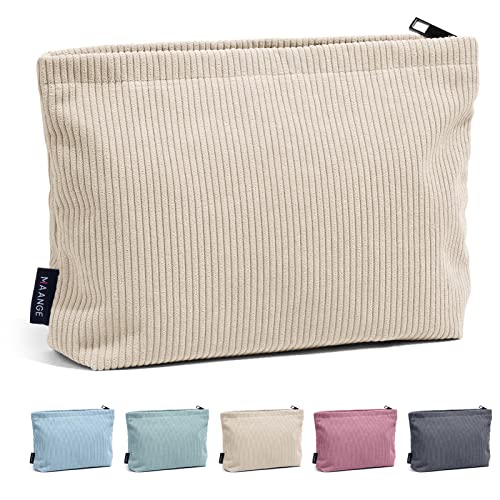 MAANGE Cosmetic Bags for Women Small Makeup Bag for Purse Corduroy Makeup Pouch Travel Makeup Bag with Metal Zipper Make Up Bag for Travelling Preppy Stuff - color: Beige-1