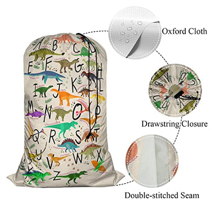 Swono Alphabets XL Laundry Bags, Drawstring Closure Dirty Clothes Bag Organizer, Heavy Duty Large Laundry Bag, Cartoon Dinosaurs Footprint Green Leave Rip-Stop Bags for Camp Travel, 28" x 40" - color: Alphabets