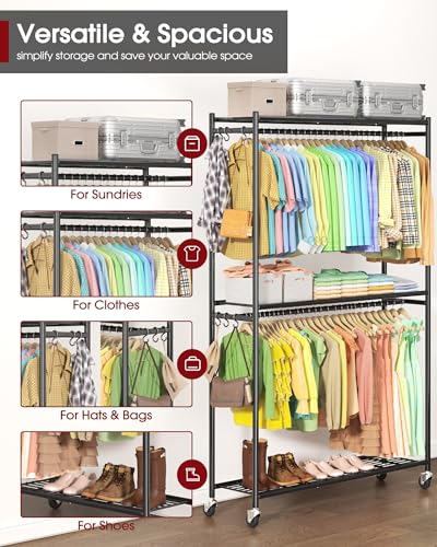 Sakugi Clothes Rack - 45.2" x 12.2" x 79.5" Clothing Rack with Shelves & Wheels, Multi-Functional Wardrobe Closet with Hooks, Sturdy Metal Garment Rack for Bedroom, Laundry, Balcony (Black) - color: Black, size: X-Large