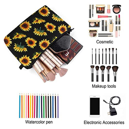 MAGEFY Sunflower Makeup Bag for Women, Portable Travel Cosmetic Bag with Black Zipper Pouch Waterproof Makeup Pouch Multifunctional Small Bag for Women (1 pack, sunflower 0173) - color: sunflower