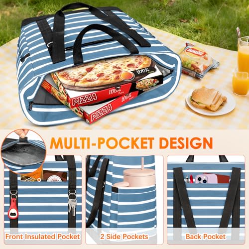 Cooler Bag Insulated, Soft Side Cooler, Reusable Grocery Bags with Zipper Closure, Thermal Leakproof Large Insulated Tote Bag for Hot/Cold Food for Grocery, Beach, Travel, Picnic - color: Gray Blue and White