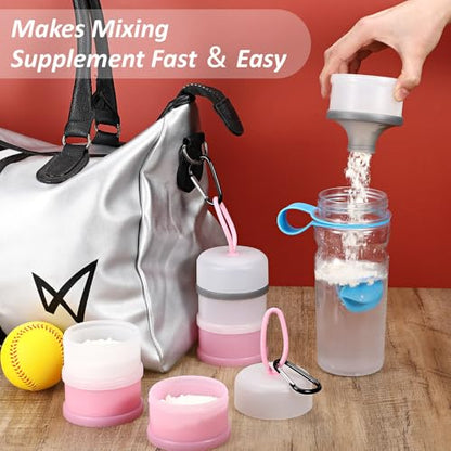Baderke 2 Pcs Protein Powder Container with Funnels Stand, 4 Stackable Leakproof Protein Powder Dispenser, Portable Keychain Powder Container for Workout, Fitness, Travel(Pink, White) - color: Pink, White