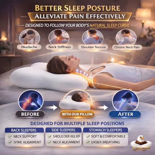 Low-Profile Cervical Memory Foam Pillow for Side & Back Sleepers, Ergonomic Neck Support, Cool-Touch Cover, Gentle Contour Design, Thin Zip Spacer Pouch & Sleep Eye Mask Included