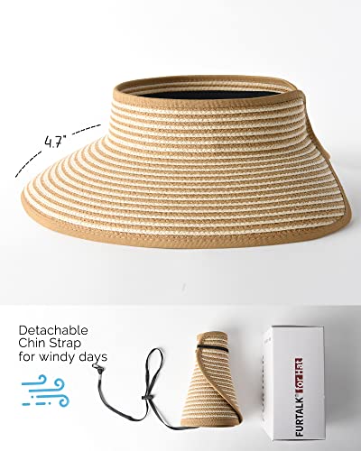 FURTALK Sun Hats for Women Wide Brim Beach Hat Straw Visor Ponytail Summer UV Packable Foldable Beach Vacation Essentials - color: 04-khaki Beige Stripes