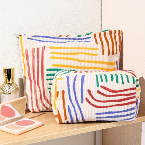 SOIDRAM 2 Pieces Stripes Makeup Bag Large Corduroy Cosmetic Bag Capacity Canvas Mix Travel Toiletry Bag Organizer Cute Makeup Brushes Aesthetic Accessories Storage Bag for Women, Stripes Mix Colorful - color: Colorful Stripes