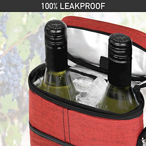 opux 2 Bottle Wine Carrier Tote, Insulated Leakproof Wine Cooler Bag, Wine Travel Bag for Picnic BYOB Beach, Portable Wine Bottle Carrying Case, Gift for Wine Lover Women Men Christmas, Red - color: Heather Red