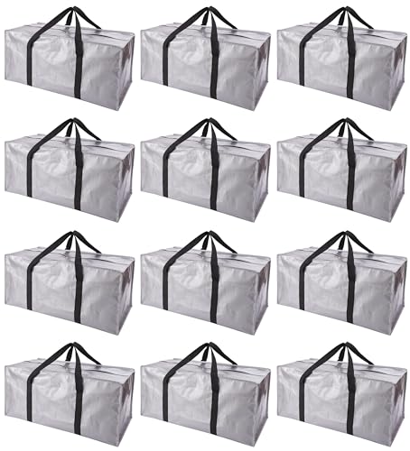PANDA JOYS Extra Large Moving Bags with Zippers & Carrying Handles, Heavy-Duty Storage Tote for Space Saving Moving Storage, Fold Flat, Alternative to Box and Bin - 12 Pack, Silver - color: Silver, size: 12 Pack-24 Gal