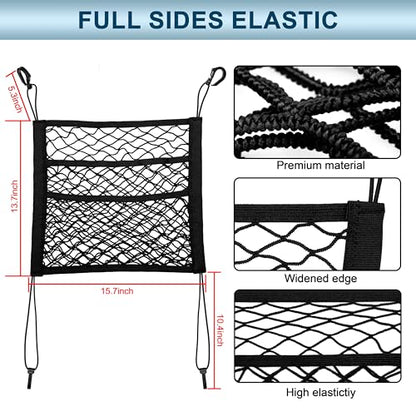3-Layer Car Mesh Organizer Storage Bag Between Front Seats Kid Dog Pet Net Barrier Car Net Pocket Elastic Tissue Purse Holder Netting Pouch for SUV, Truck, Van 15.7" x 13.7" - size: 15.7 x 13.7 inch