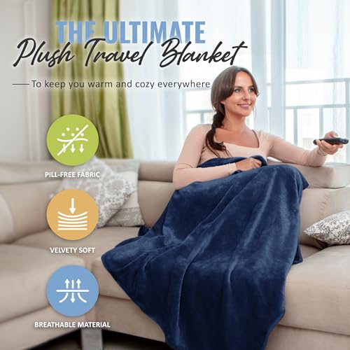 BOACAY Soft & Warm Travel Blanket for Airplane & Car - Long Flight Essential for Women, Men, Kids - Compact Pillow with Luggage Sleeve & Backpack Clip - color: Navy Blue