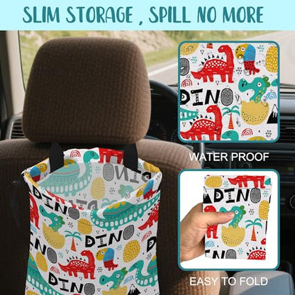 Car Trash Bag Dinosaur with Abstrct Palms and Eggs Leak-Proof Waterproof Car Garbage Bag with Drawstring Foldable Canvas Trash Bin with Adjustable Buckle for Car Accessories, Travelling, Camping - color: Dinosaur with Abstrct Palms and Eggs