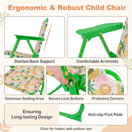 HONEY JOY Kids Picnic Table, Animal Themed Toddler Outdoor Table and Chair Set, 2 Folding Chairs & Removable Umbrella, Children Outdoor Furniture for Backyard Patio Garden (Green Lion) - color: Green Lion