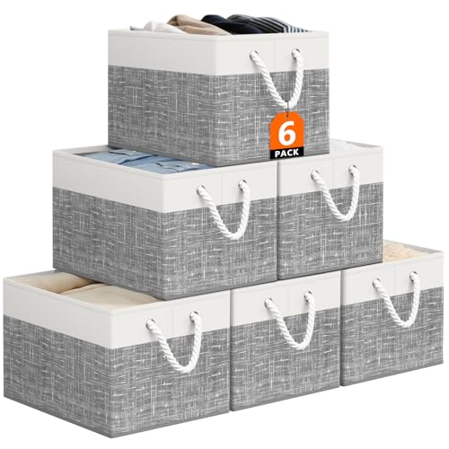 StorageTastic Storage Bin,Collapsible Storage Basket For Organizing,Large Storage Boxes With Rope Handles,Storage Containers,White & Grey,6 Pack - color: White & Grey, size: 15" X 10" X 9.5" (6 Pack)