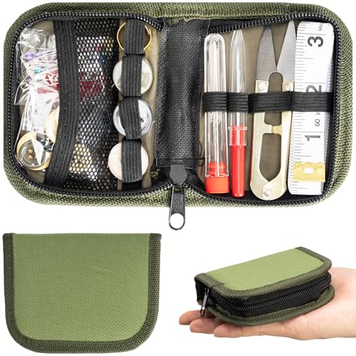 VEPKOIT Military Survival Sewing Kit, Portable Sewing Kit with Buttons for Men or Women, Small Repair Tools with Zipper Closure in Durable Nylon Case for Travel Field Emergency (Army Green) - color: Army_Green