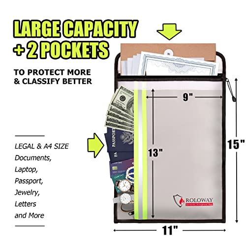 ROLOWAY Fireproof Document Bag (15 x 11 inch) with 2 Pockets, Fire Safe Envelope Bag for Cash, Legal Documents (Silver) - size: 15 x 11 inch, style: Silver Fireproof Bag