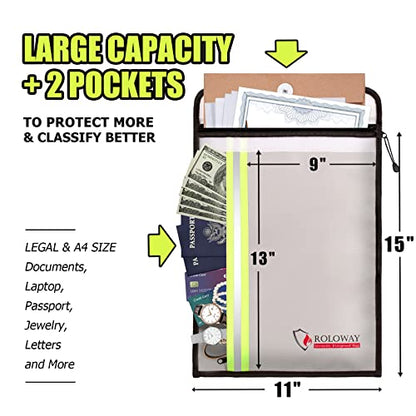 ROLOWAY Fireproof Document Bag (15 x 11 inch) with 2 Pockets, Fire Safe Envelope Bag for Cash, Legal Documents (Silver) - size: 15 x 11 inch, style: Silver Fireproof Bag