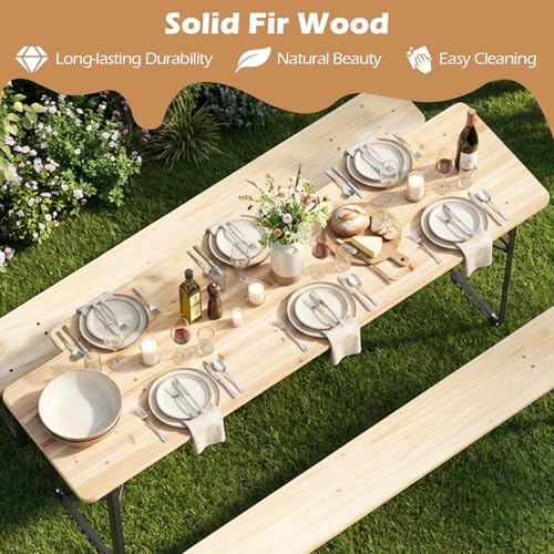 Tangkula 3 Piece Folding Picnic Table with 2 Benches, Foldable Wood Picnic Table Bench Set with Heavy-Duty Metal Frame for 6, Space-Saving Outside Table and Bench Set for Backyard, Patio, Garden