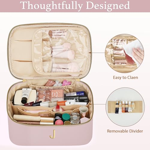 Personalized Initial Makeup Bag Gifts for Women, Large Travel Cosmetic Organizer with Handle & Divider, PU Leather Toiletry Bag for Girls, Birthday Bridesmaid Gift Set - Pink - J - color: Pink, style: J