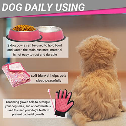 FLYSTAR Puppy Starter Kit for Small Dogs, 26 pcs Dog Supplies, Dog Toys, Collar & Leash, Training Clicker, Treat Bag, Poop Waste Bag with Dispenser, Blanket, Grooming Glove, Bowls, Toothbrush, etc - color: Pink, size: 26 pcs