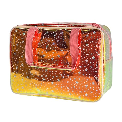 Holographic Brown Clear Star Large Cosmetic Bag and TPU Travel Pouch with Handle,Durable Material,Zipper Design-Ideal for Makeup,Travel Essentials 11.81x5.12x8.27inch (Brown) - color: Red