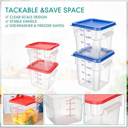 Lallisa 4 Pcs 8qt & 4qt Clear Food Storage Containers with Lids Handles and Scales, Stackable Plastic Square Food Storage Containers for Dough Proofing Baking Kitchen Restaurant(Red, Blue) - color: Red, Blue