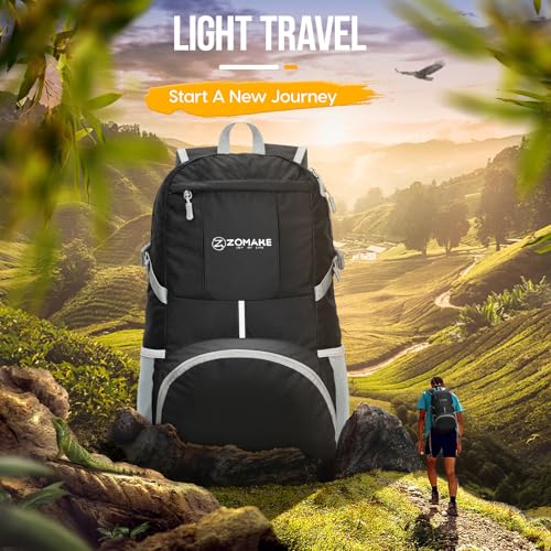 ZOMAKE Lightweight Packable Backpack 35L, Light Foldable Backpacks Water Resistant Collapsible Hiking Bag, Compact Folding Day Pack for Travel Camping(Black) - color: Black