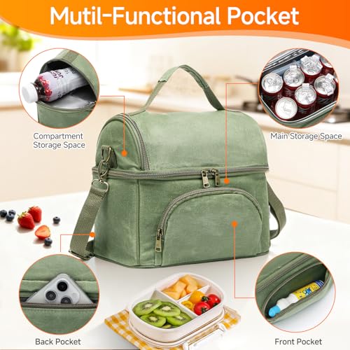 Waxed Canvas Lunch Bag with 2 XL Ice Packs, Canvas Lunch Box, Lunch Cooler for Men Work, 10.5L 2 Compartments Insulated Leakproof Cooler Bags for Camping, Beach and Road Trips - color: London Green