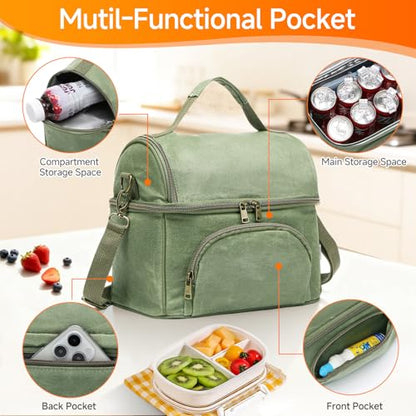 Waxed Canvas Lunch Bag with 2 XL Ice Packs, Canvas Lunch Box, Lunch Cooler for Men Work, 10.5L 2 Compartments Insulated Leakproof Cooler Bags for Camping, Beach and Road Trips - color: London Green