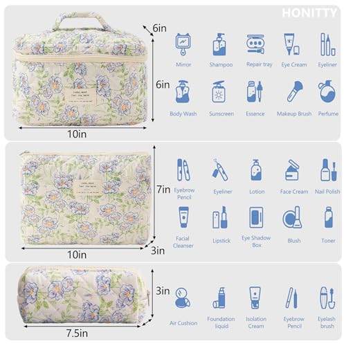 honitty Makeup Bag,Quilted Cosmetic Bags,Large Floral Make Up Organize bag,Makeup Bag Set for Women,Flower Travel Toiletry Bag - color: Blue-Flower