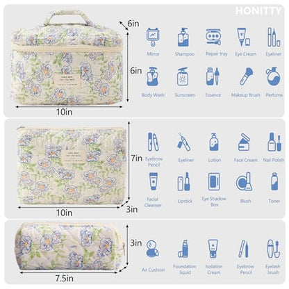 honitty Makeup Bag,Quilted Cosmetic Bags,Large Floral Make Up Organize bag,Makeup Bag Set for Women,Flower Travel Toiletry Bag - color: Blue-Flower