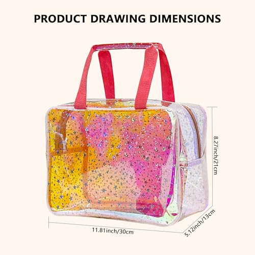 TPU Holographic Pink Clear Star Large Cosmetic Bag and Travel Pouch with Handle,Durable TPU Material,Zipper Design-Ideal for Makeup,Travel Essentials (Holographic pink) - color: Holographic pink