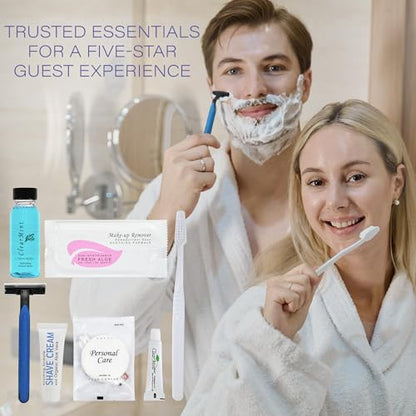 Personal Care Travel Toiletries | 1-Shoppe Amenities Kit | Travel Shaving Set, Toothbrush & Paste, Mouthwash, Makeup Wipes, Swabs, Nail File & Sewing Kit | 75 Pieces