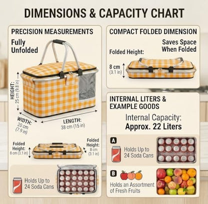 22L Collapsible Picnic Basket with Insulated Cooler, Includes Oversized 80"x80" Waterproof Blanket, Leakproof Aluminum Frame Market Grocery Tote for Family Camping, Beach & Outdoor Dates Yellow Plaid