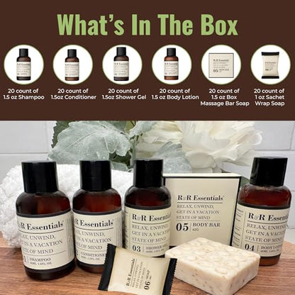 R&R Essentials Hotel Soaps and Toiletries Bundle, Vacation Home Amenities Kit - 1.5oz Shampoo, Conditioner, Shower Gel, Lotion And 2 Bar Soaps - Travel Size (120 pc) - style: Unboxed/Bulk