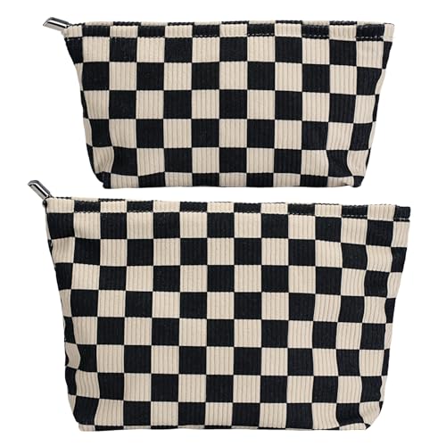 Black and White Checkered Makeup Bag Set of 2, Corduroy Cosmetic Pouch for Women, Travel Toiletry Bag with Zipper - color: C03-black grid