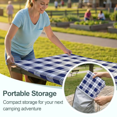 Play Tailor Picnic Table Cover with Bench Covers Camping Essentials Waterproof Windproof Camping Tablecloth with Drawstring Bag, Fitted Rectangle Tables and Seats, 60in, Blue Checkered - color: Blue Checkered, size: 60in