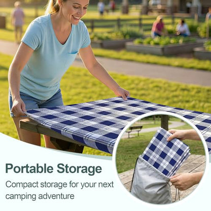 Play Tailor Picnic Table Cover with Bench Covers Camping Essentials Waterproof Windproof Camping Tablecloth with Drawstring Bag, Fitted Rectangle Tables and Seats, 60in, Blue Checkered - color: Blue Checkered, size: 60in