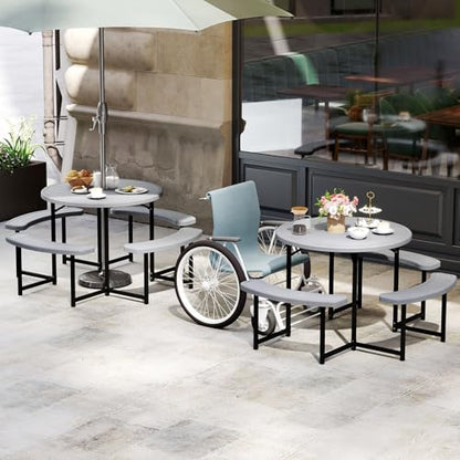 Tangkula 8 Person Picnic Table, HDPE Outdoor Round Table and Bench Set with 4 Built-in Benches, Umbrella Hole, Metal Frame for Garden Yard Patio Lawn - color: Grey