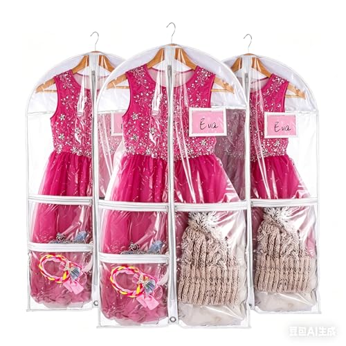 HOMEE 3 Pack Garment Bag with Zipper Pockests,Dance Garment Bags for Dancers,Waterproof Dance Costume Bags For Hanging Clothes,Foldable Travel Costumer Organizer Storage for Kids and Adults,White - color: White