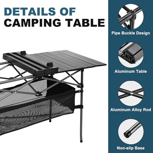 WUROMISE Lightweight Aluminum Folding Camping Table (47” x 21.65” x 26.7”), Portable Roll-Up Design for Outdoor, Camping, Beach, BBQ, Patio, and Picnic, Durable & Waterproof with Carrying Bag - size: Large