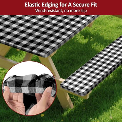 6ft Picnic Table and Bench Cover, Camping Essentials RV Gear, 72in Waterproof Windproof Outdoor Elastic All Around Tablecloth, Fitted Rectangle Tables and Seats, Black-White Checkered - color: Black-white Checkered, size: 72"