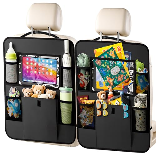Car Backseat Organizer with Tablet Holder, 6 Storage Pockets Seat Back Protectors Kick Mats for Kids, Car Seat Protector for Road Trips 2 Pack (Black) - color: Black