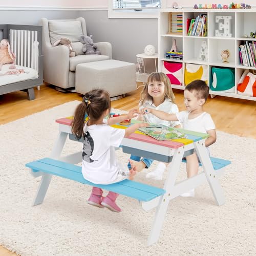 HONEY JOY Kids Picnic Table, 4 in 1 Cedar Wooden Sand & Water Table w/ 2 Removable Box & Umbrella, Kids Picnic Tables for Outdoors Backyard Garden, Toddler Patio Furniture Set for Boys Girls(Blue) - color: Blue