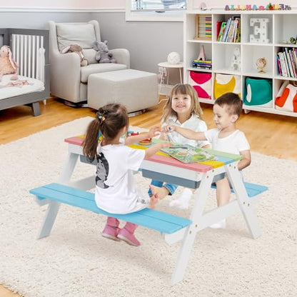 HONEY JOY Kids Picnic Table, 4 in 1 Cedar Wooden Sand & Water Table w/ 2 Removable Box & Umbrella, Kids Picnic Tables for Outdoors Backyard Garden, Toddler Patio Furniture Set for Boys Girls(Blue) - color: Blue