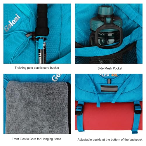 Goloni 45L Hiking Backpack Lightweight Foldable, Waterproof Camping Backpack with Rain Cover & Hiking Pole Mat Carrying System, Ergonomic Water Resistant Daypack for Trekking Travel Men Women Blue - color: Blue