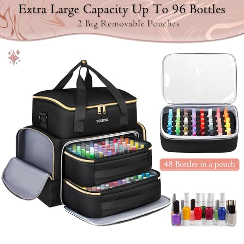 YOREPEK Extra Large Nail Polish Organizer Case Holds 96 to 100+ Bottles (15ml/0.5 fl.oz) UV lamp, Gel Polish Travel Case Bag with 2 Removable Pouches Fits Nail Supplies, Manicurist Nail Tech Gifts - color: Black-96bottles