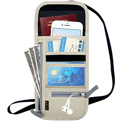 Travel Neck Wallet, RFID Blocking Passport Holder with Adjustable Neck Strap for Men and Women to Keep Cash, Credit Cards and Travel Documents Safe - Beige - color: Beige